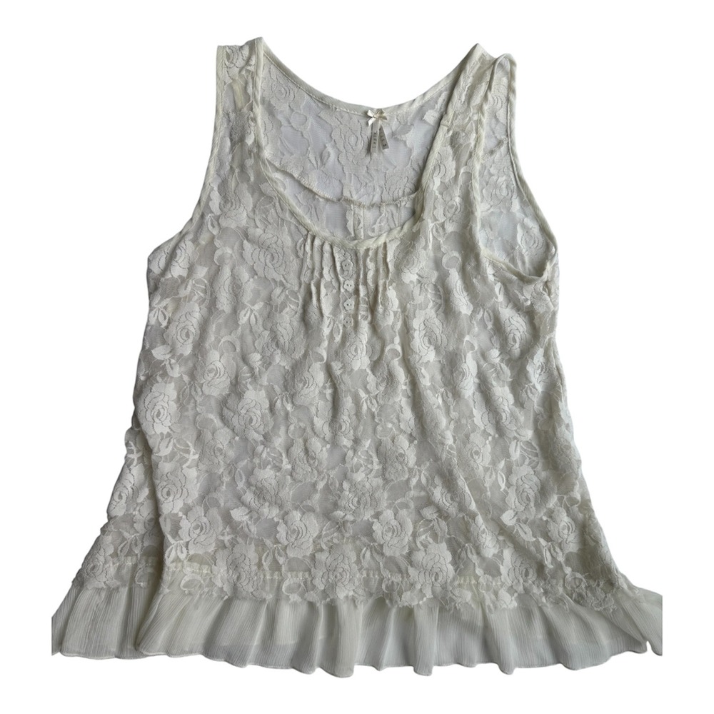 Lapis Cream Floral Lace Sleeveless Top Ruffle Hem Flower Buttons Ivory Medium